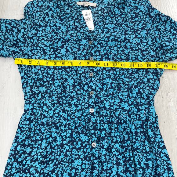 LOFT Blue Long Sleeve Lightweight Floral Button Front Flowy V Neck Shirt Dress 6 - Picture 8 of 9
